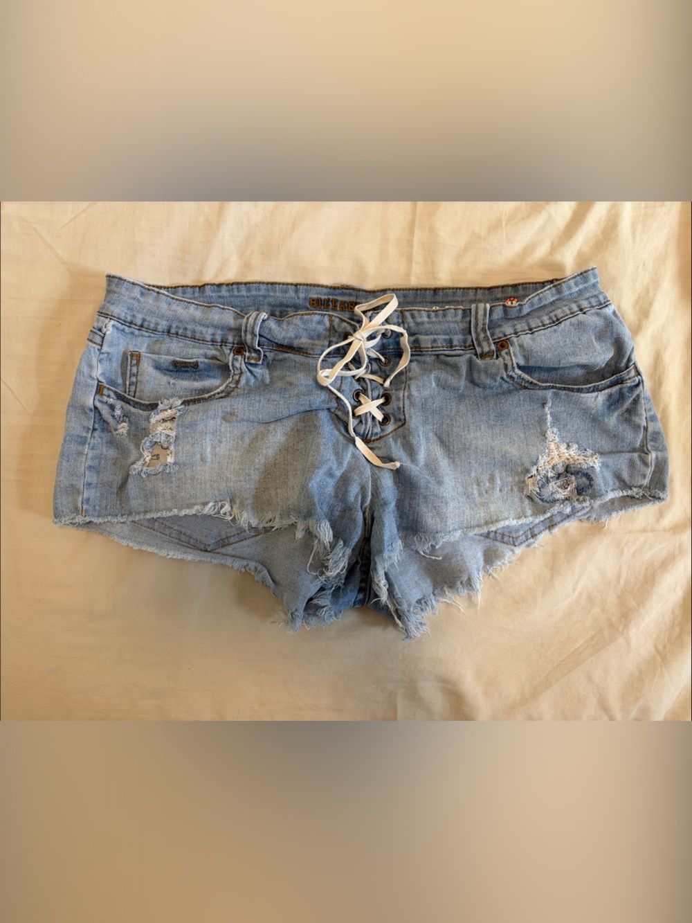 2 for $30 - Billabong - Light Blue Distressed Lace-Up Denim Shorts